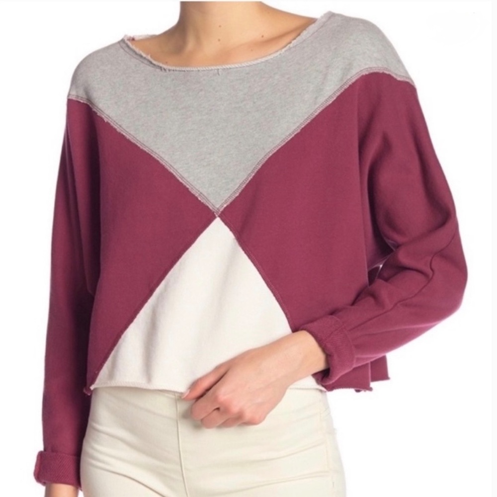 Free People Montauk Colorblock Pullover XS Berry Ivory Raw Hem Sweatshirt NWOT - Picture 3 of 15